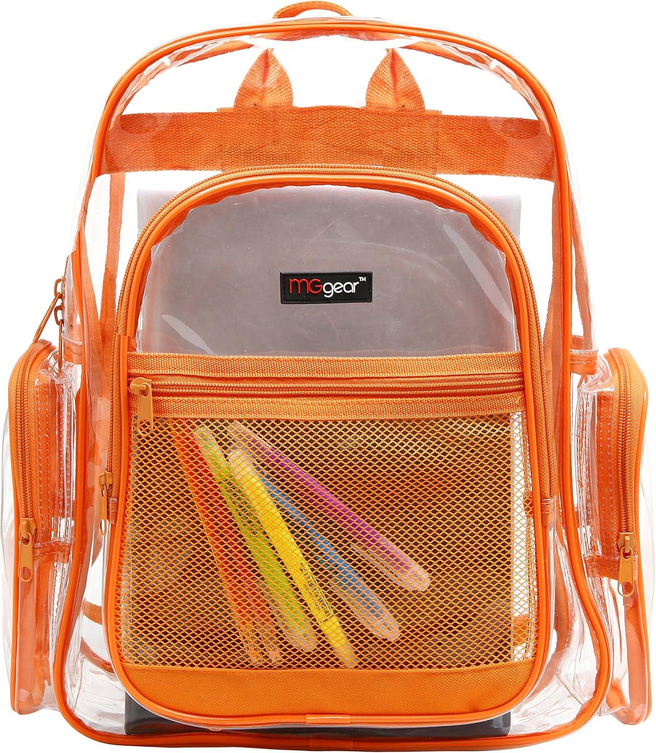 image17 Inch Clear PVC Backpack with Green Trim and 5 Zipper Compartments Transparent School Bookbag for Boys Girls Travel or Work Bag for Men WomenOrange