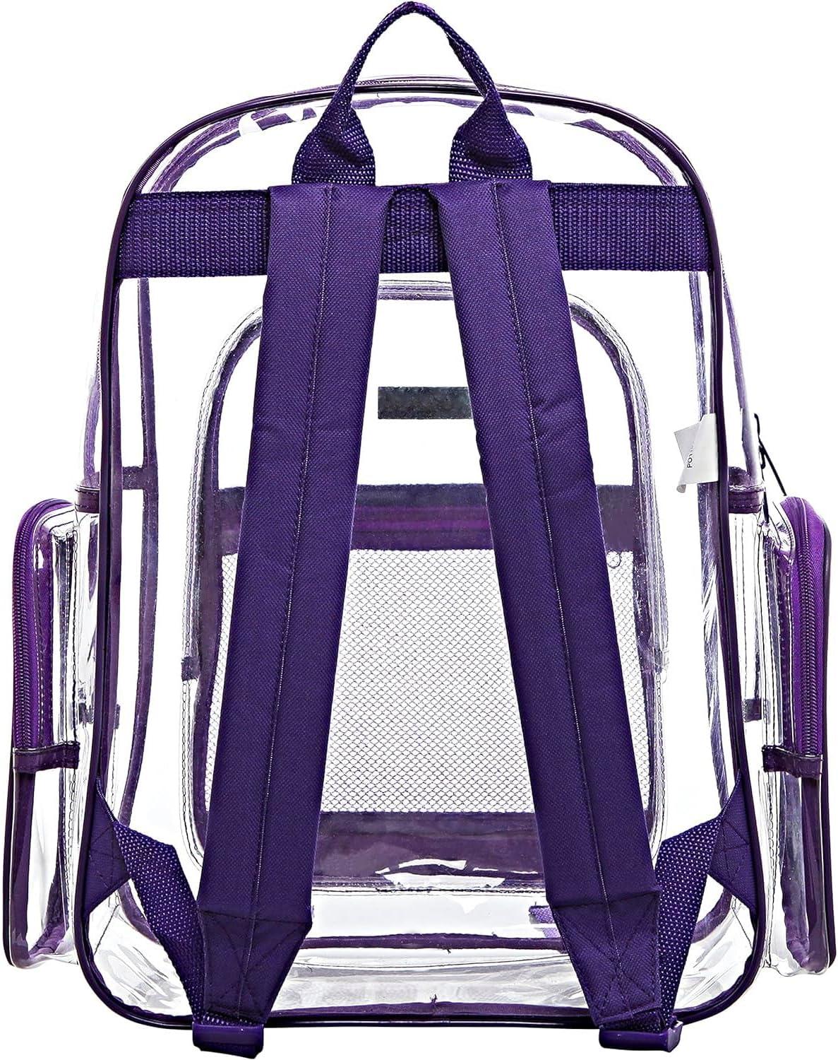 image17 Inch Clear PVC Backpack with Purple Trim and 5 Zipper Compartments Transparent School Bookbag for Boys Girls Travel or Work Bag for Men WomenPurple