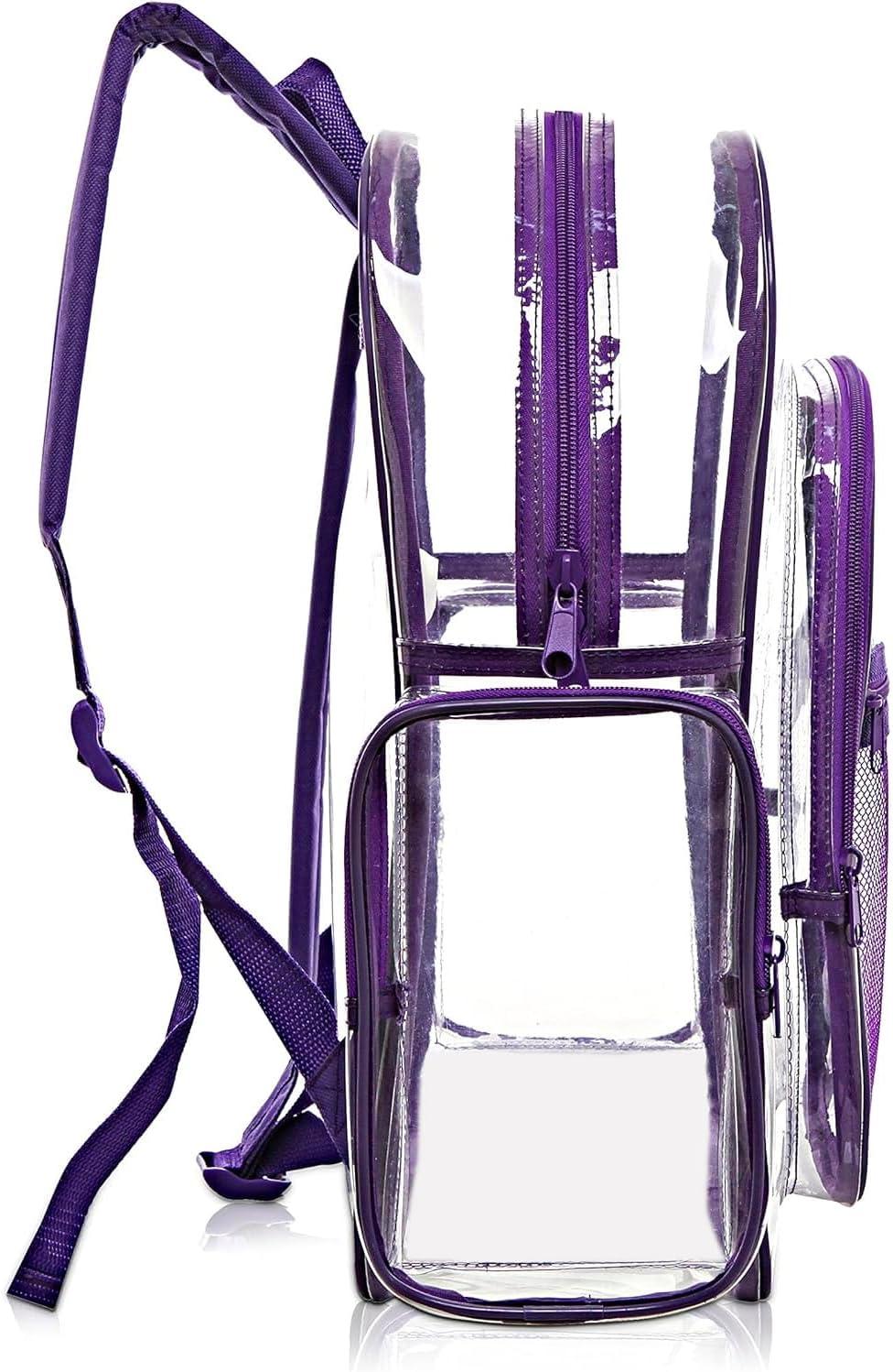 image17 Inch Clear PVC Backpack with Purple Trim and 5 Zipper Compartments Transparent School Bookbag for Boys Girls Travel or Work Bag for Men WomenPurple