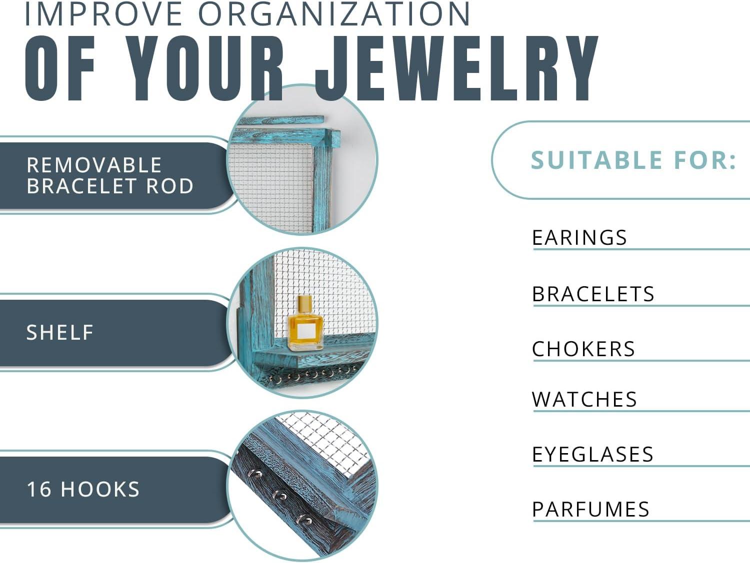 imageComfify Rustic Jewelry Organizer Wall Mounted Jewelry Holder wRemovable Bracelet Rod Shelf ampamp 16 Hooks Perfect Earrings Necklaces ampamp Bracelets Holder Rustic WhiteRustic Blue