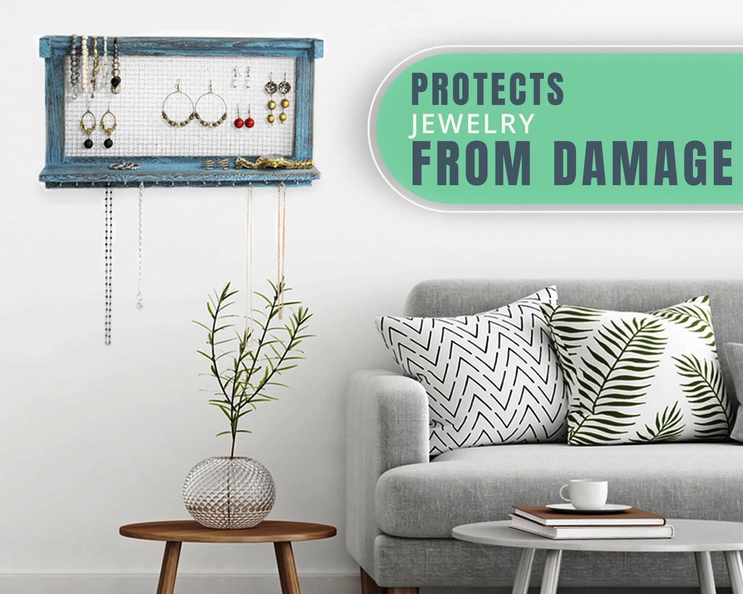 imageComfify Rustic Jewelry Organizer Wall Mounted Jewelry Holder wRemovable Bracelet Rod Shelf ampamp 16 Hooks Perfect Earrings Necklaces ampamp Bracelets Holder Rustic WhiteRustic Blue