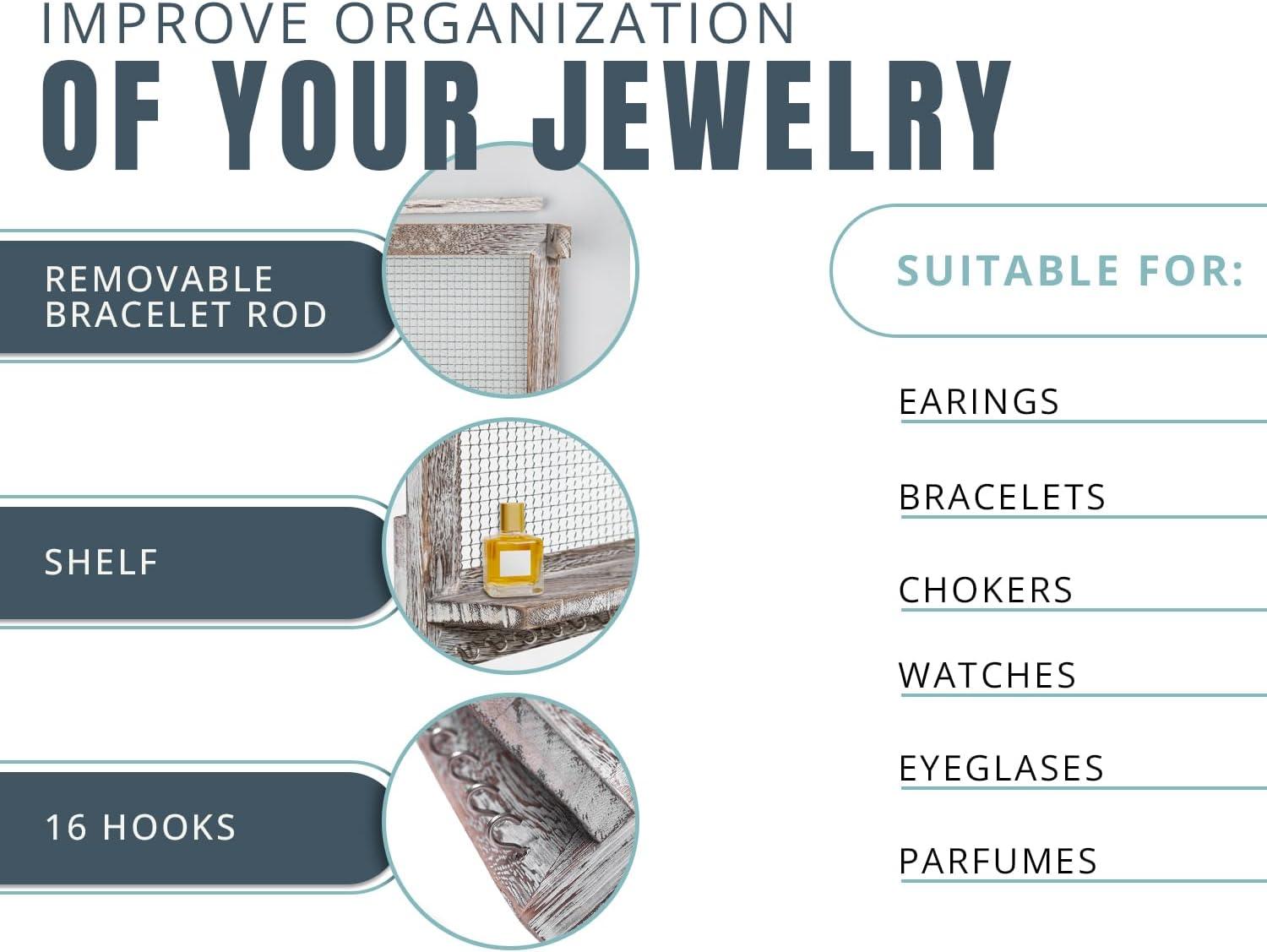 imageComfify Rustic Jewelry Organizer Wall Mounted Jewelry Holder wRemovable Bracelet Rod Shelf ampamp 16 Hooks Perfect Earrings Necklaces ampamp Bracelets Holder Rustic WhiteRustic White