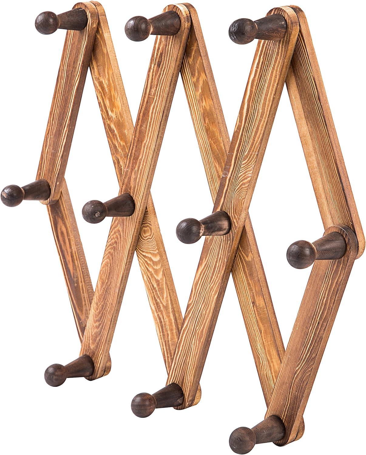 imageMyGift 10 Hook Burnt Wood Wall Mounted Expandable Accordion Peg Coat Rack Hanger for Entryway Mudroom or GarageBurnt Wood