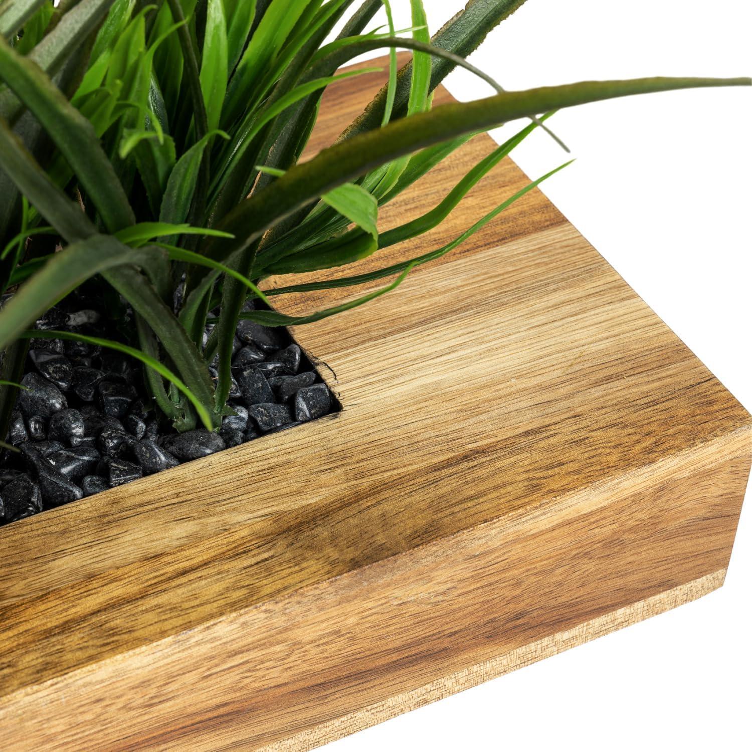 imageMyGift 10 Inch Fake Grass Artificial Plants in Rectangular Black Wood Planter Faux Plants Indoor for Tabletop Centerpiece DcorAcacia Wood