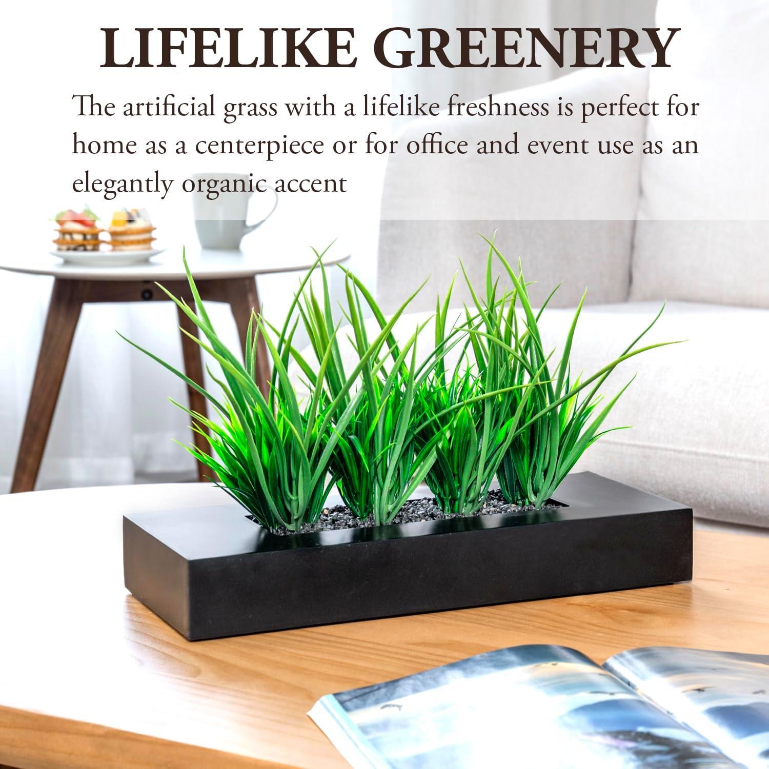 imageMyGift 10 Inch Fake Grass Artificial Plants in Rectangular Black Wood Planter Faux Plants Indoor for Tabletop Centerpiece DcorBlack