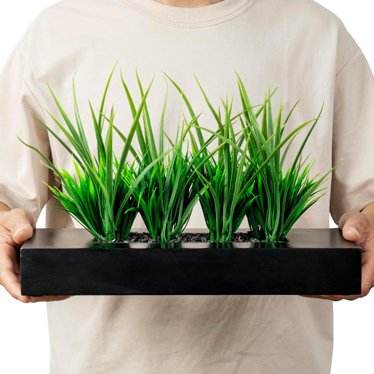 imageMyGift 10 Inch Fake Grass Artificial Plants in Rectangular Black Wood Planter Faux Plants Indoor for Tabletop Centerpiece DcorBlack