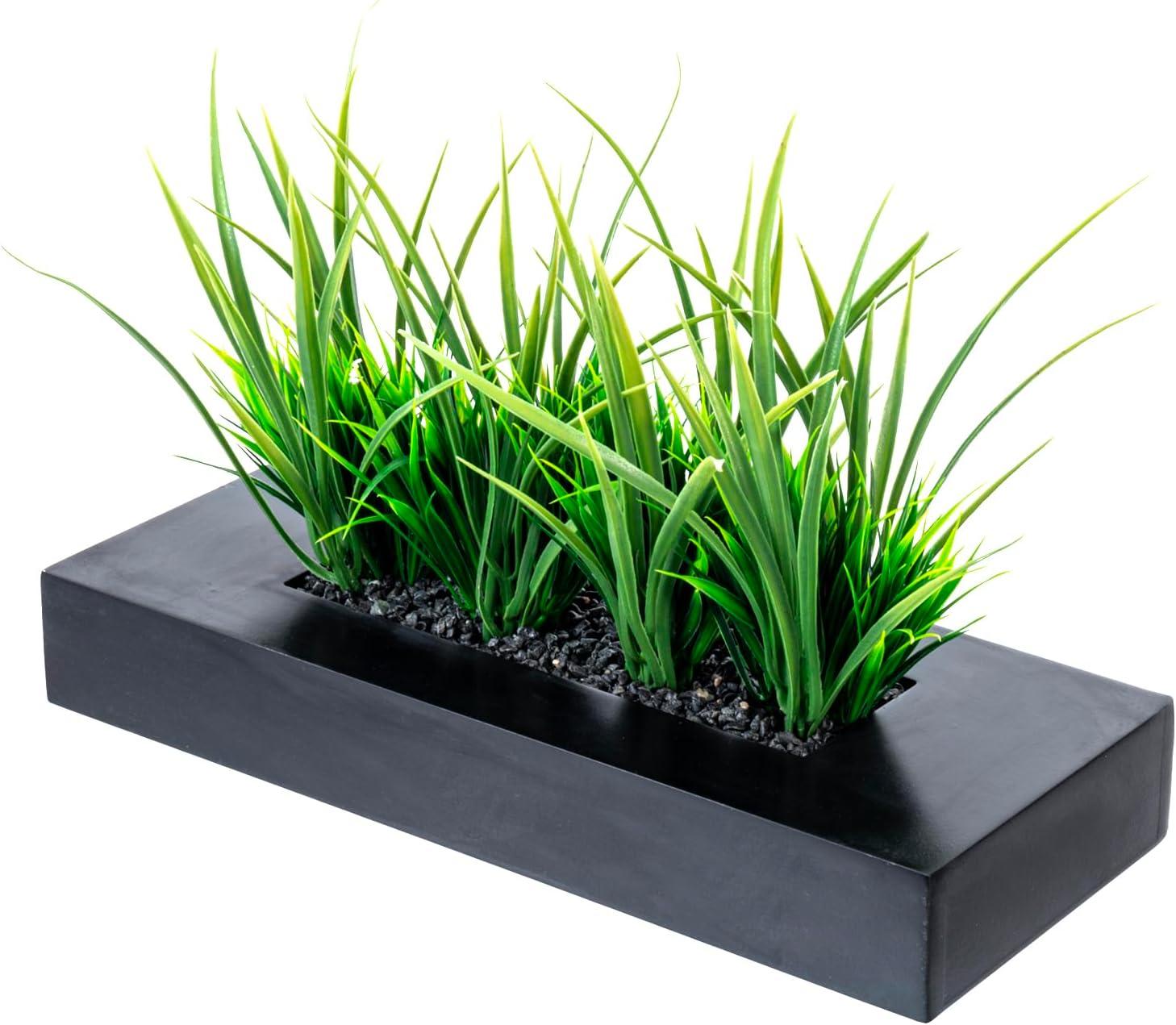 imageMyGift 10 Inch Fake Grass Artificial Plants in Rectangular Black Wood Planter Faux Plants Indoor for Tabletop Centerpiece DcorBlack