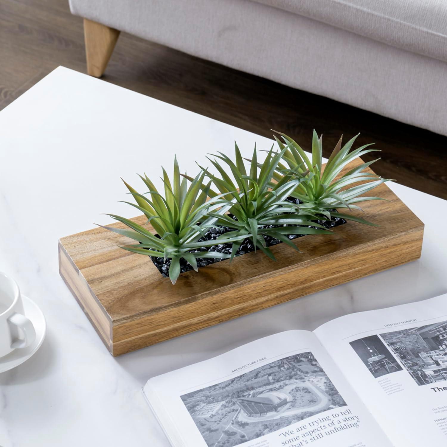 imageMyGift 10 Inch Fake Grass Artificial Plants in Rectangular Black Wood Planter Faux Plants Indoor for Tabletop Centerpiece DcorBrown