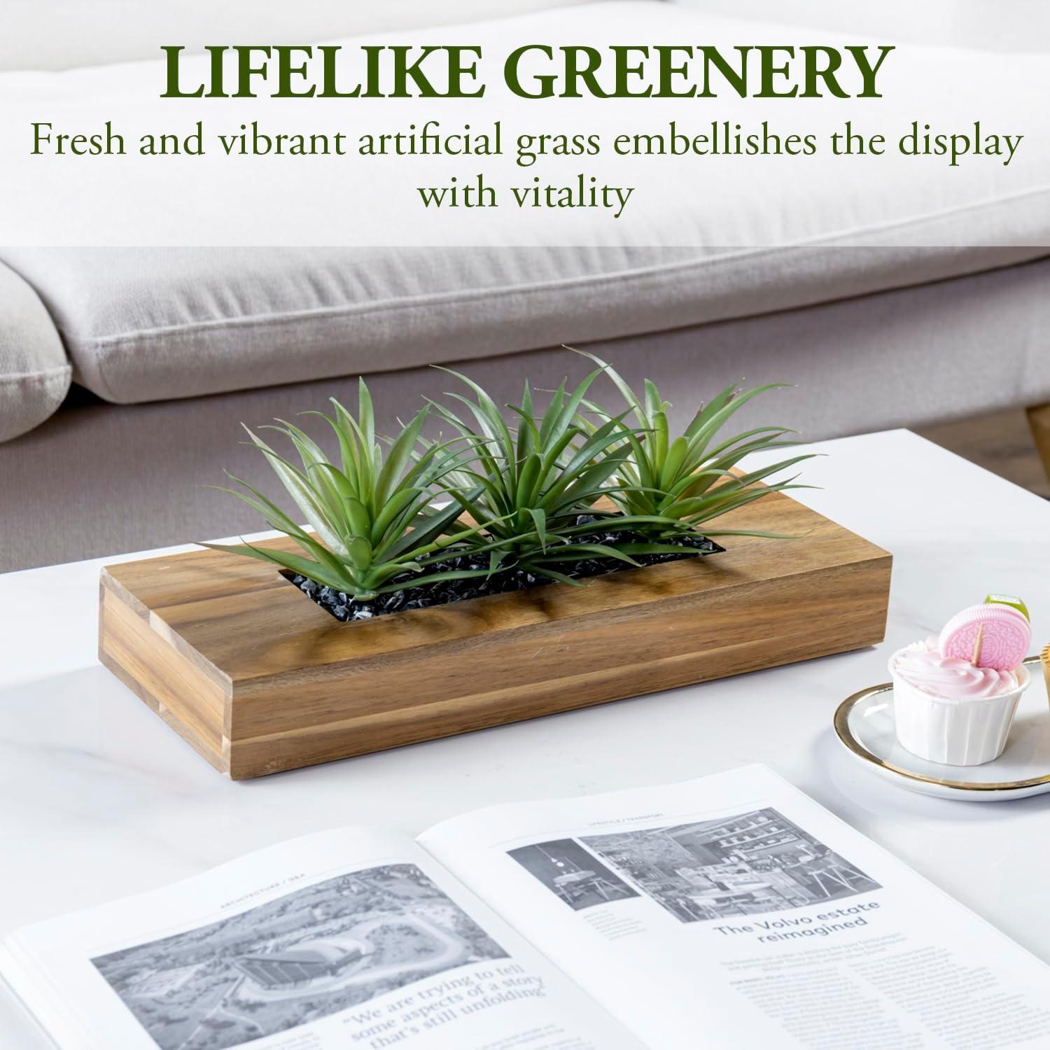 imageMyGift 10 Inch Fake Grass Artificial Plants in Rectangular Black Wood Planter Faux Plants Indoor for Tabletop Centerpiece DcorBrown