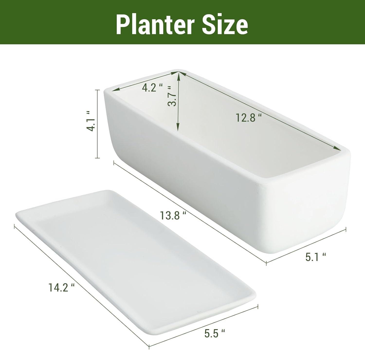imageMyGift 10 Inch Modern Unglazed White Ceramic Indoor Plant Pot with Drainage Hole Rectangular Succulent Planter Window Box with Removable Saucer 1 Pack14 inch 1 Pack