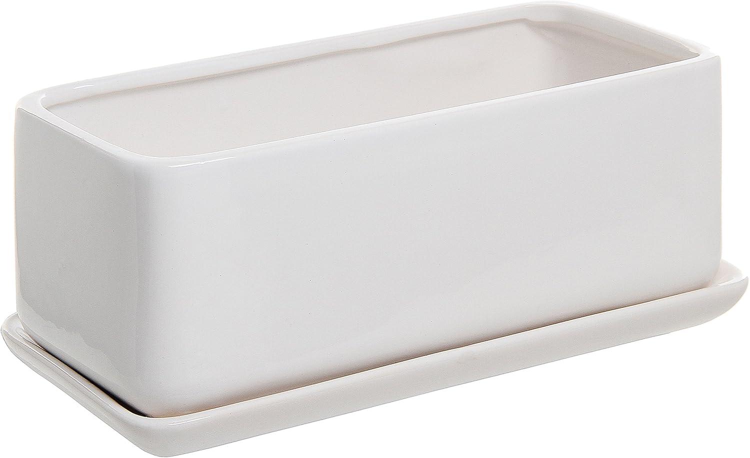 imageMyGift 10 Inch Modern Unglazed White Ceramic Indoor Plant Pot with Drainage Hole Rectangular Succulent Planter Window Box with Removable Saucer 1 Pack10 inch 1 Pack