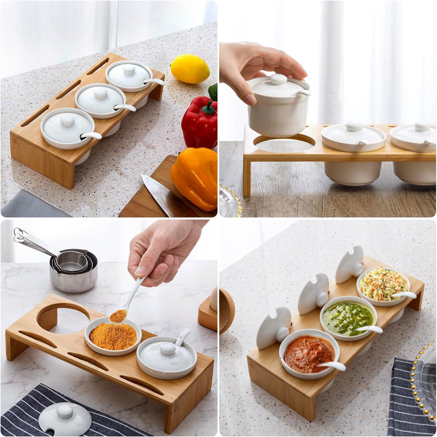 imageMyGift 10 Piece Condiment Pot Serving Set Includes Premium Solid Bamboo Wood Raised Display Server Tray and 3 Ceramic Ramekin Dip Bowls with Lids and SpoonsBamboo