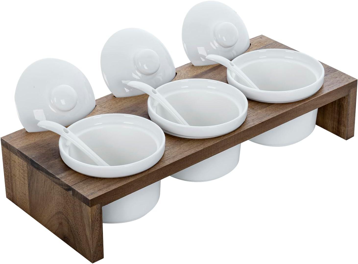 imageMyGift 10 Piece Condiment Pot Serving Set Includes Premium Solid Bamboo Wood Raised Display Server Tray and 3 Ceramic Ramekin Dip Bowls with Lids and SpoonsAcacia