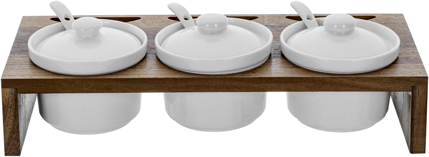 imageMyGift 10 Piece Condiment Pot Serving Set Includes Premium Solid Bamboo Wood Raised Display Server Tray and 3 Ceramic Ramekin Dip Bowls with Lids and SpoonsAcacia