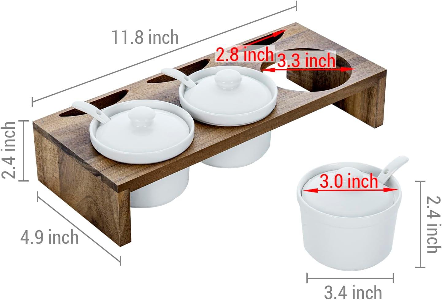 imageMyGift 10 Piece Condiment Pot Serving Set Includes Premium Solid Bamboo Wood Raised Display Server Tray and 3 Ceramic Ramekin Dip Bowls with Lids and SpoonsAcacia