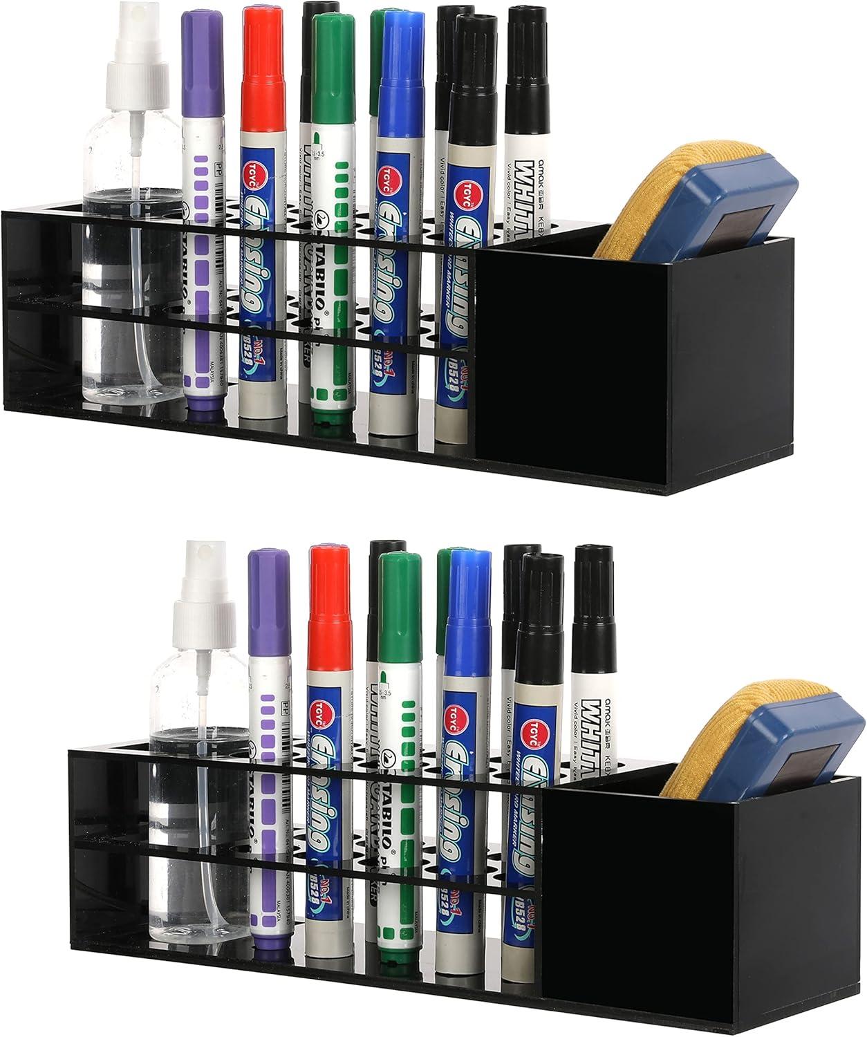 imageMyGift 10 Slot Black Acrylic Whiteboard Marker Holder Organizer Wall Mounted Storage Rack for Dry Erase Markers Eraser and Cleaning Bottle Set of 2Black Set of 2