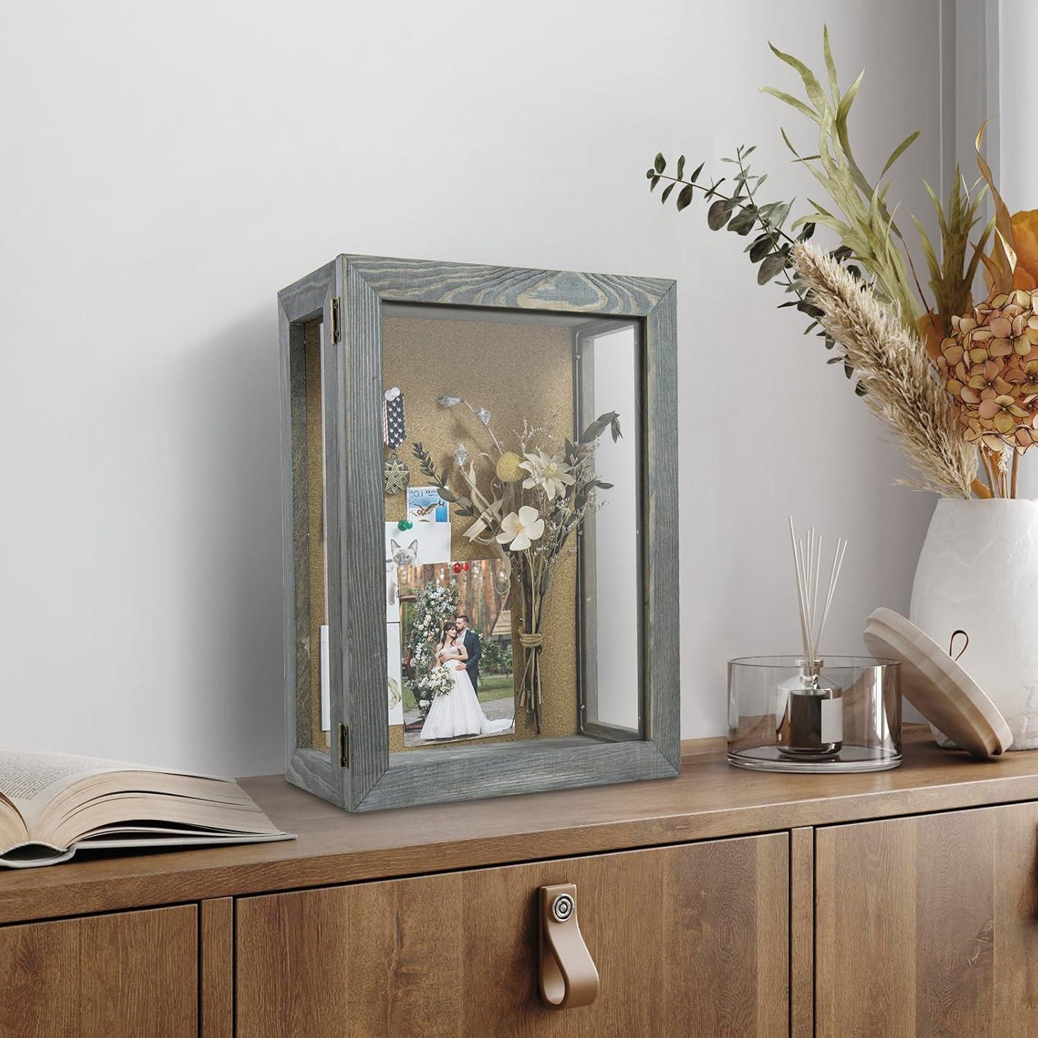 imageMyGift 11 x 15 Inch Wall Mounted Solid Wood Deep Shadow Box with Vintage Coal Black Finish and Cork Backing Premium Clear Acrylic Viewing Panels and Hinged Door Magnetic ClosureGrey