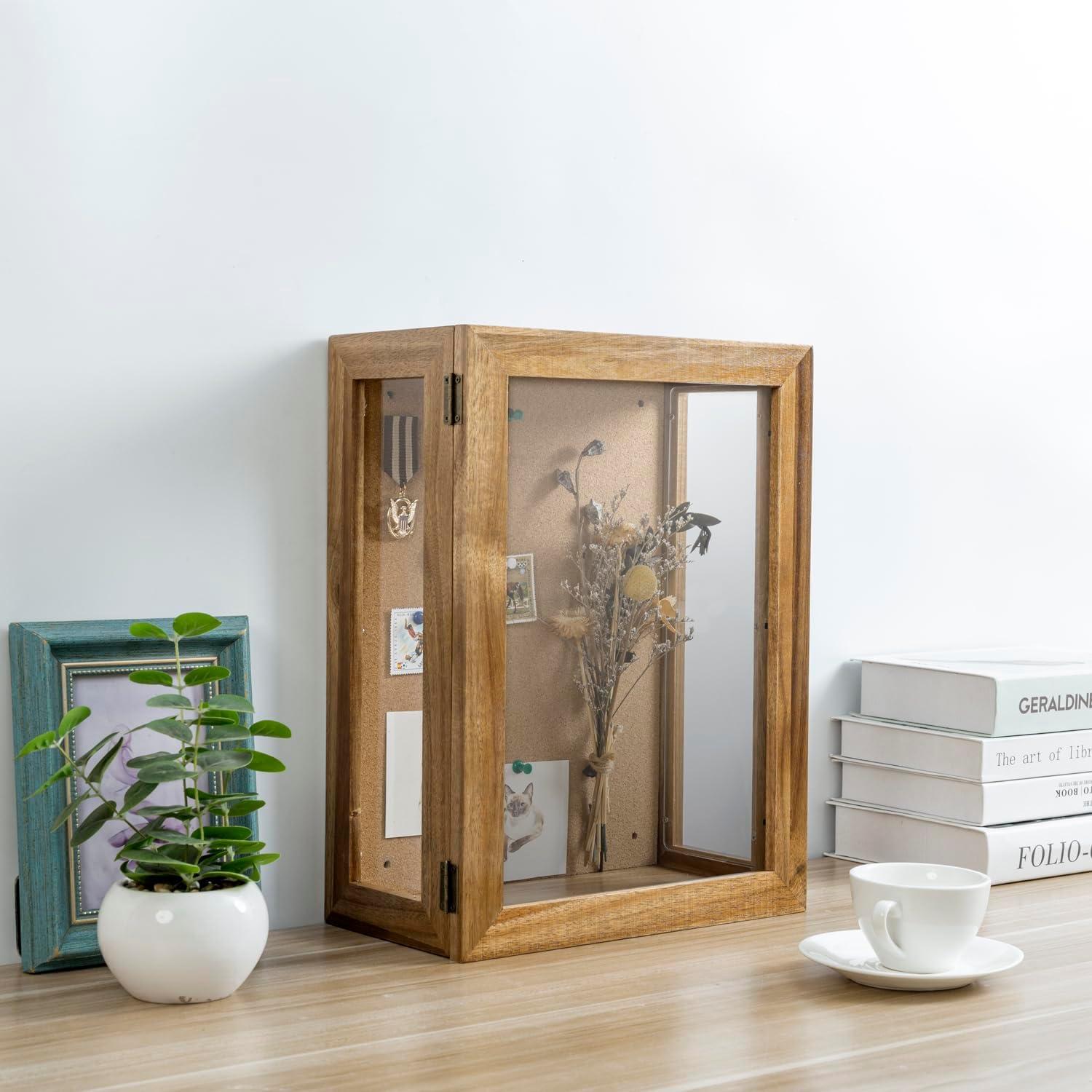 imageMyGift 11 x 15 Inch Wall Mounted Solid Wood Deep Shadow Box with Vintage Coal Black Finish and Cork Backing Premium Clear Acrylic Viewing Panels and Hinged Door Magnetic ClosureAcacia