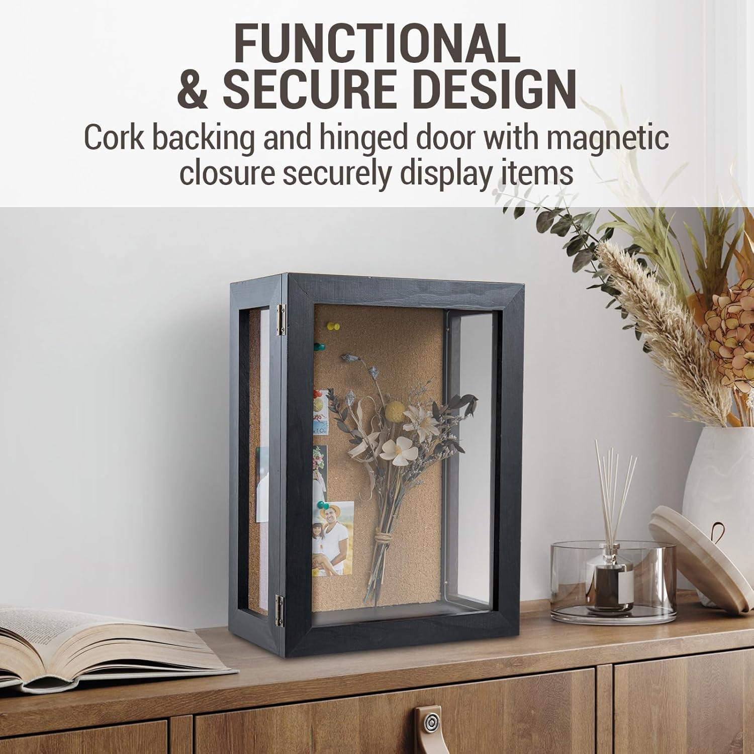 imageMyGift 11 x 15 Inch Wall Mounted Solid Wood Deep Shadow Box with Vintage Coal Black Finish and Cork Backing Premium Clear Acrylic Viewing Panels and Hinged Door Magnetic ClosureBlack