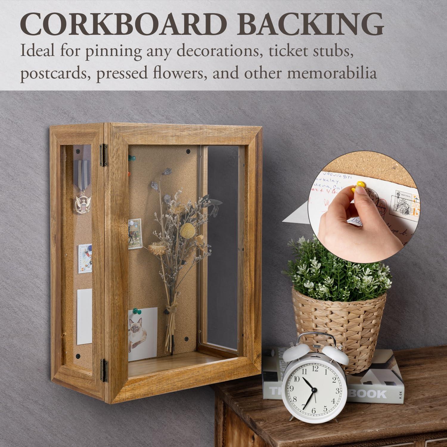 imageMyGift 11 x 15 Inch Wall Mounted Solid Wood Deep Shadow Box with Vintage Coal Black Finish and Cork Backing Premium Clear Acrylic Viewing Panels and Hinged Door Magnetic ClosureAcacia