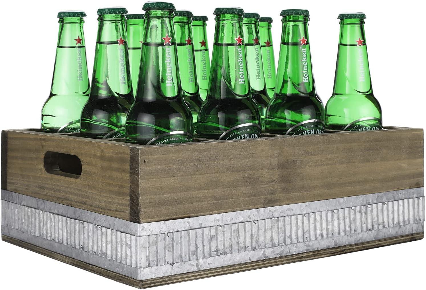 imageMyGift 12Slot Rustic Brown Wooden Beer Carrier Beer Gifts for Men Crate Style Bottle Beverage Caddy Storage Box with Galvanized Metal Accent