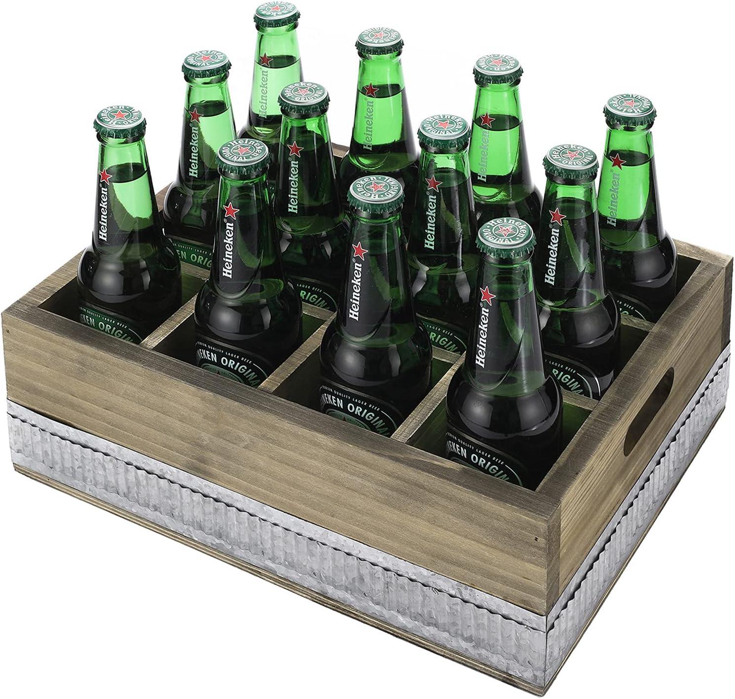 imageMyGift 12Slot Rustic Brown Wooden Beer Carrier Beer Gifts for Men Crate Style Bottle Beverage Caddy Storage Box with Galvanized Metal Accent