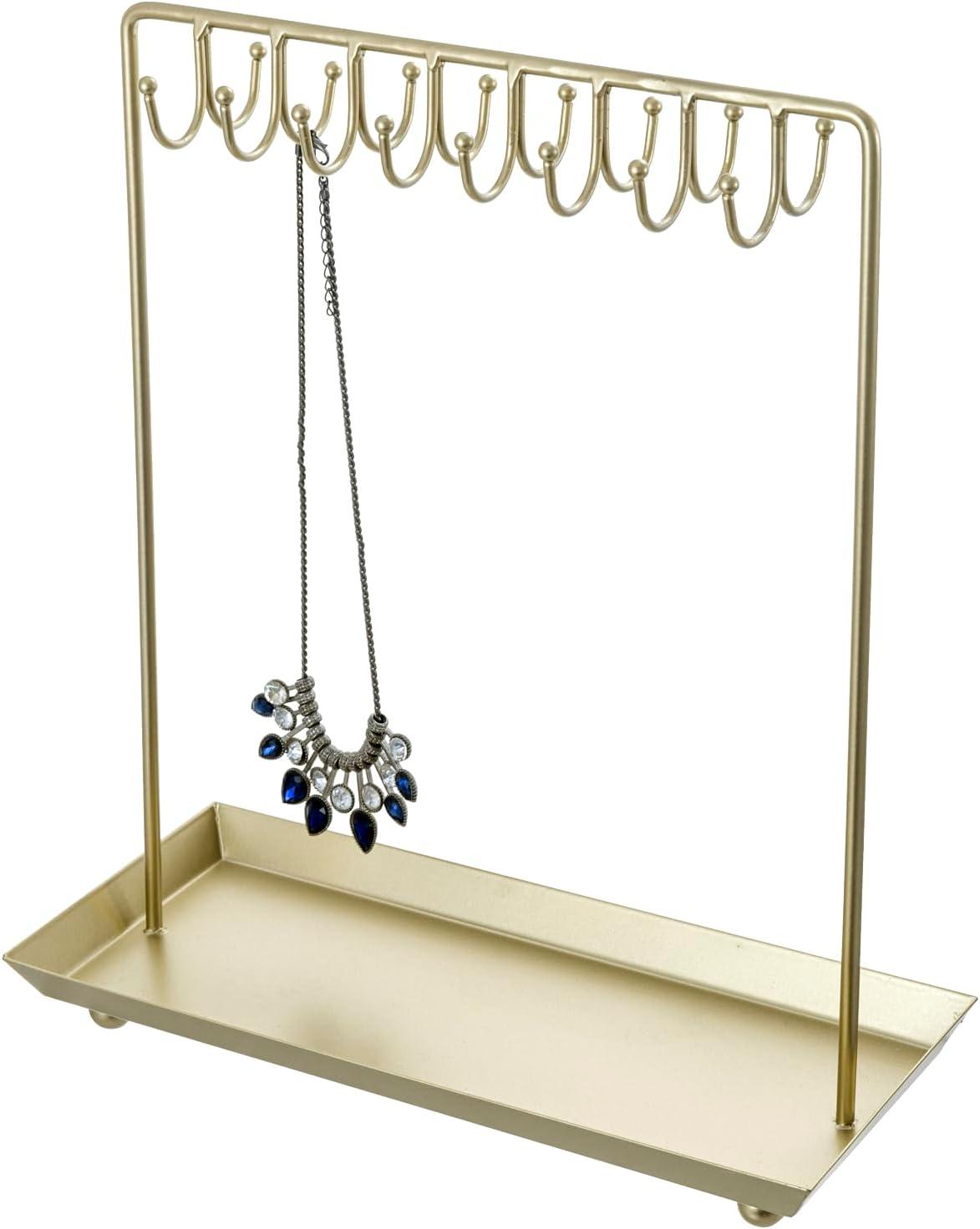 imageMyGift 14 Inch Brass Metal Jewelry Organizer Stand for Necklaces with 20 Hooks and Ring TrayBrass