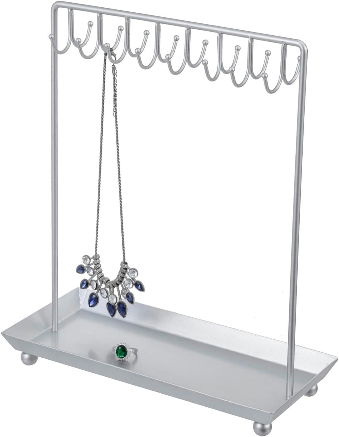 imageMyGift 14 Inch Brass Metal Jewelry Organizer Stand for Necklaces with 20 Hooks and Ring TraySilver
