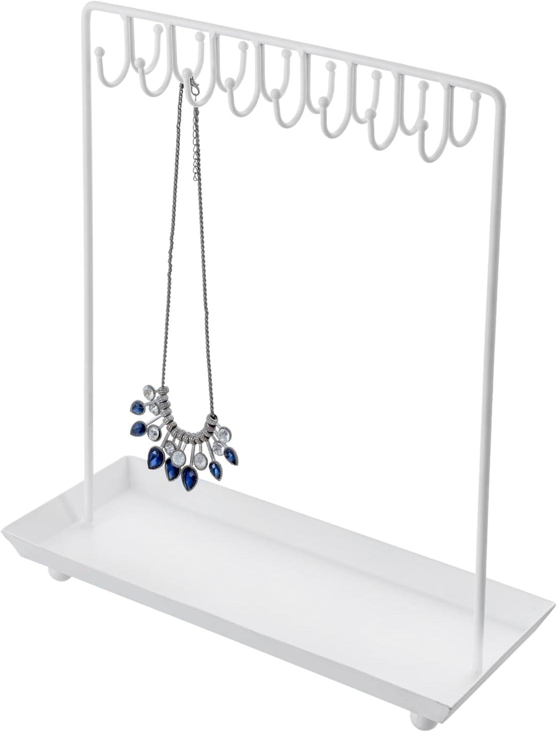 imageMyGift 14 Inch Brass Metal Jewelry Organizer Stand for Necklaces with 20 Hooks and Ring TrayWhite