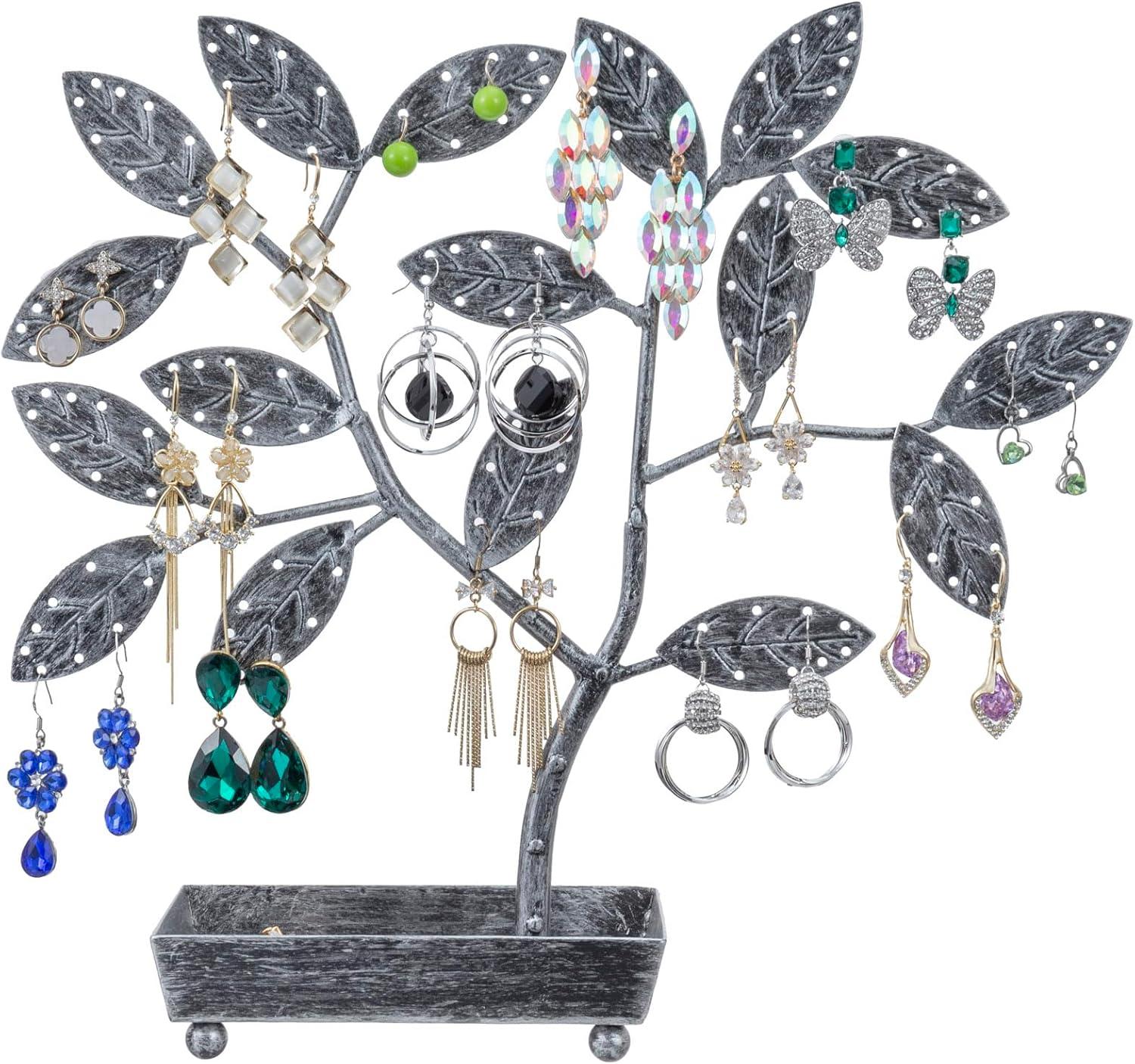 imageMyGift 14Inch Modern Bronze Jewelry Organizer Tree with Bird Nest Holds 48 Earrings Necklace ampamp Bracelet Stand Metal Tabletop Display for Rings Trinkets Decorative Storage for Home DcorSilver Metal