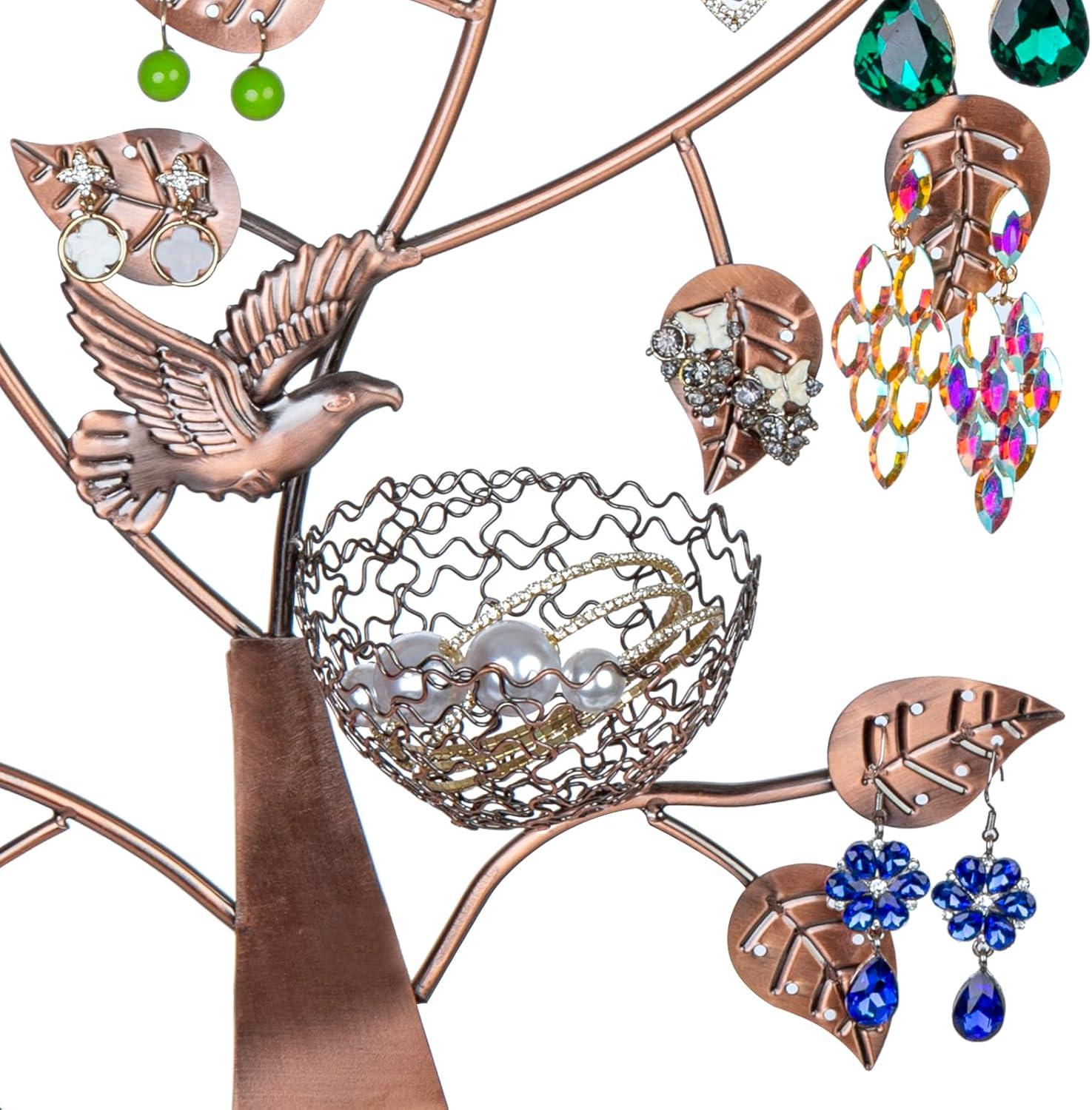 imageMyGift 14Inch Modern Bronze Jewelry Organizer Tree with Bird Nest Holds 48 Earrings Necklace ampamp Bracelet Stand Metal Tabletop Display for Rings Trinkets Decorative Storage for Home DcorBronze