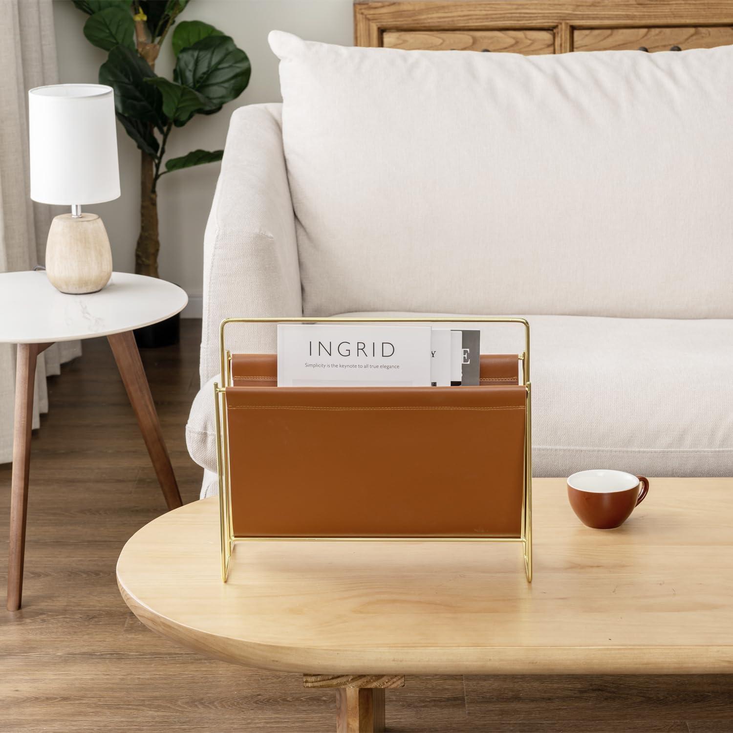 imageMyGift 15Inch Modern Brown Leatherette ampamp Brass Plated Metal Magazine Holder Floor Standing Faux Leather Sling Style Newspaper Rack for Home Bathroom Office DecorBrown