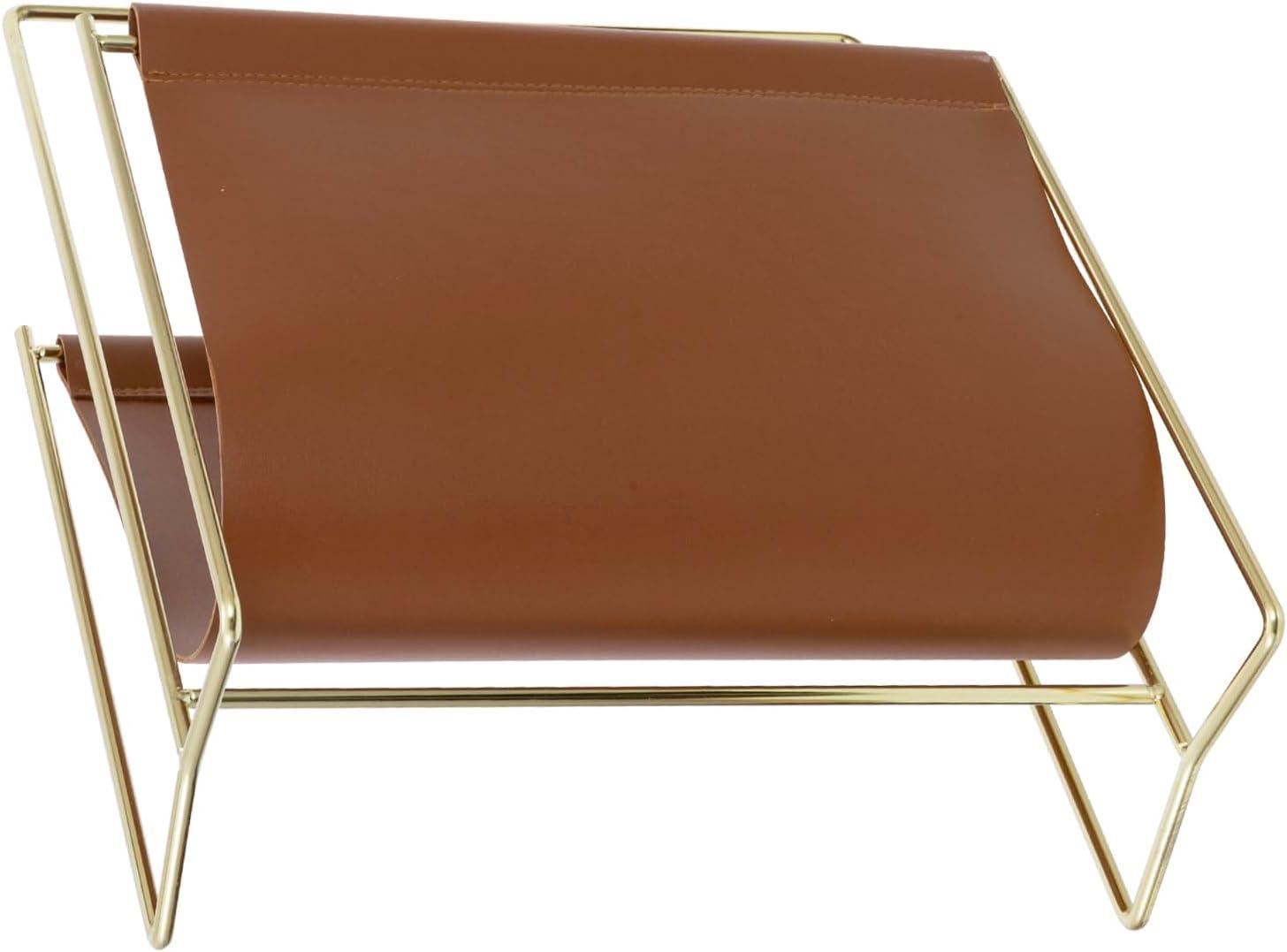 imageMyGift 15Inch Modern Brown Leatherette ampamp Brass Plated Metal Magazine Holder Floor Standing Faux Leather Sling Style Newspaper Rack for Home Bathroom Office DecorBrown
