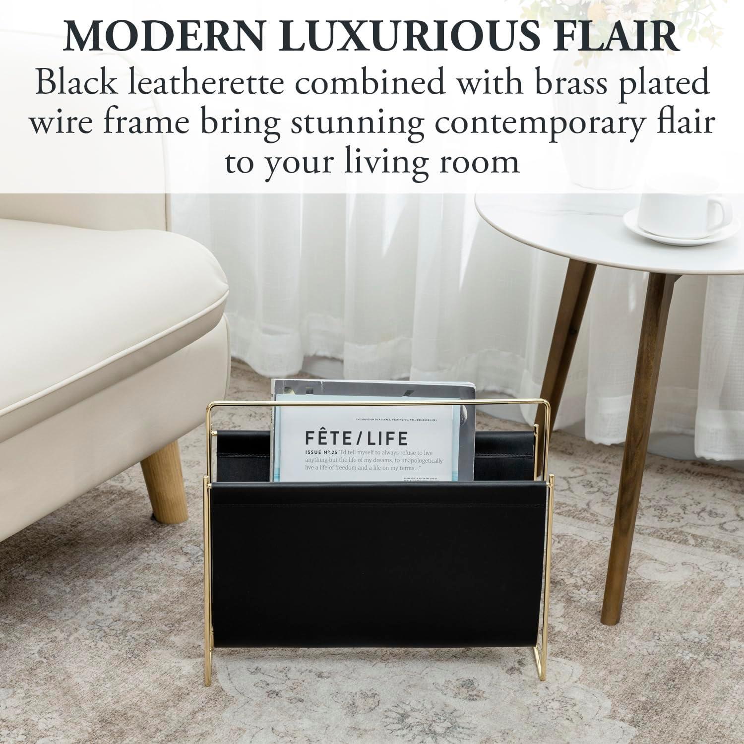 imageMyGift 15Inch Modern Brown Leatherette ampamp Brass Plated Metal Magazine Holder Floor Standing Faux Leather Sling Style Newspaper Rack for Home Bathroom Office DecorBlack