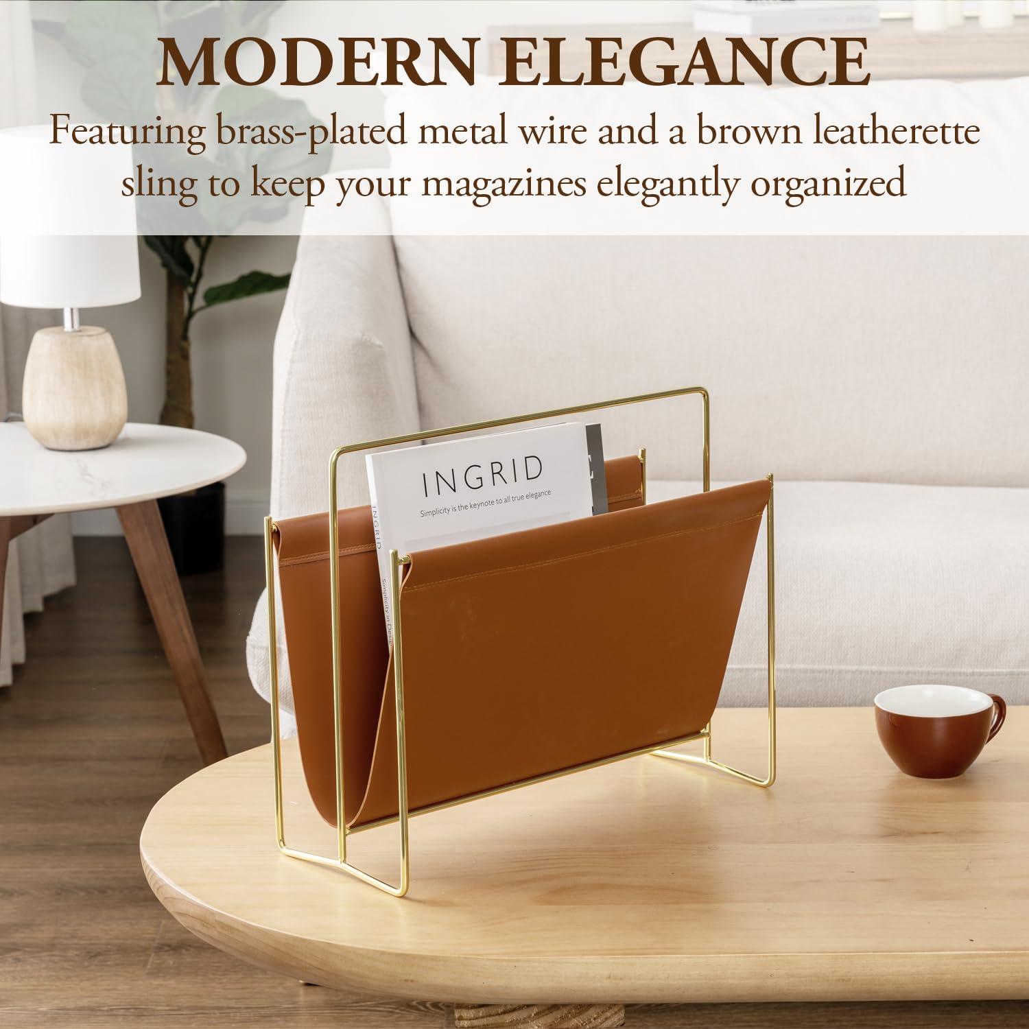imageMyGift 15Inch Modern Brown Leatherette ampamp Brass Plated Metal Magazine Holder Floor Standing Faux Leather Sling Style Newspaper Rack for Home Bathroom Office DecorBrown