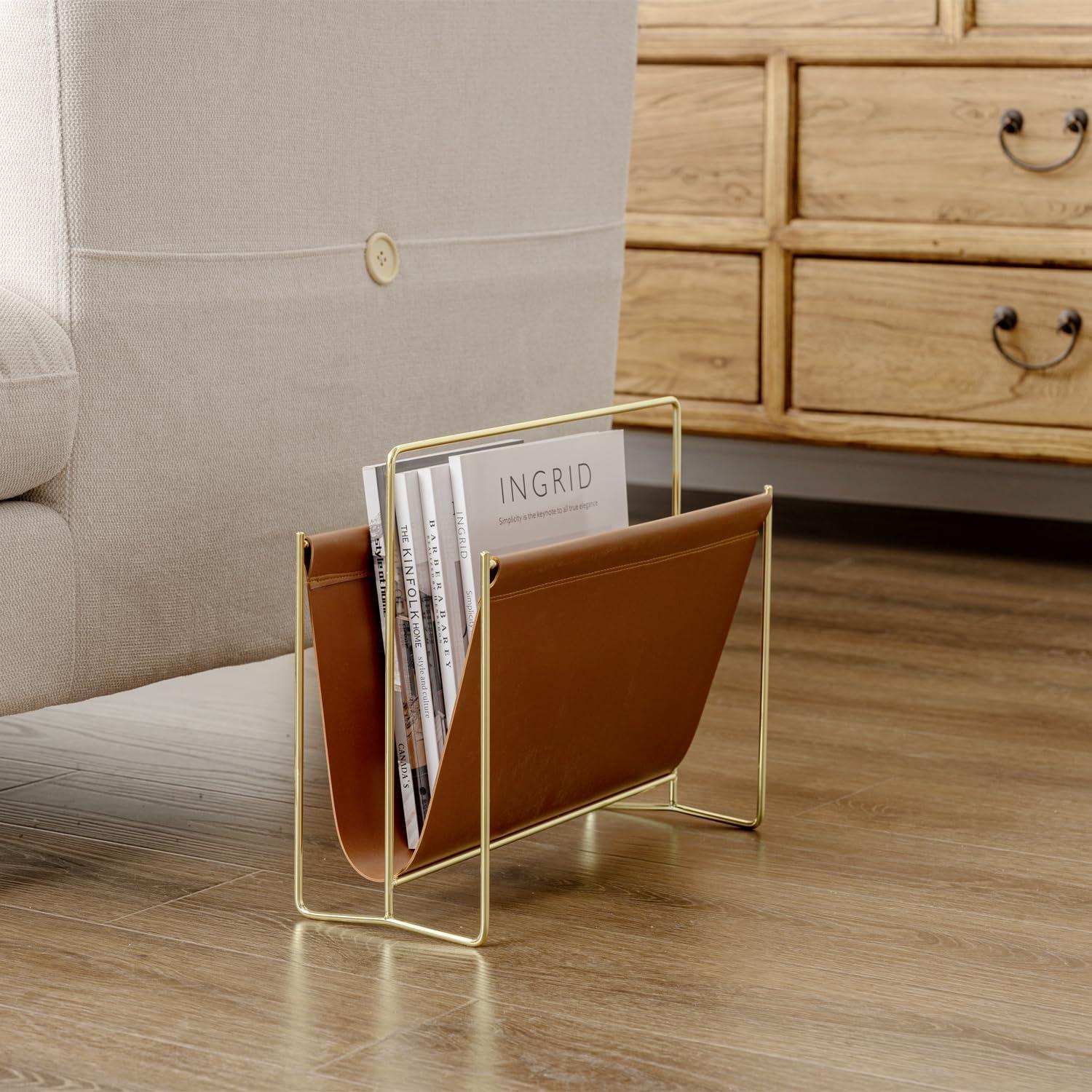 imageMyGift 15Inch Modern Brown Leatherette ampamp Brass Plated Metal Magazine Holder Floor Standing Faux Leather Sling Style Newspaper Rack for Home Bathroom Office DecorBrown