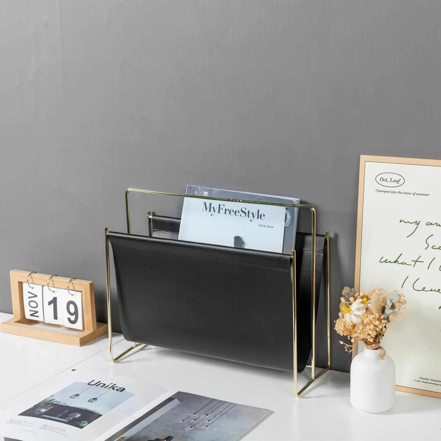 imageMyGift 15Inch Modern Brown Leatherette ampamp Brass Plated Metal Magazine Holder Floor Standing Faux Leather Sling Style Newspaper Rack for Home Bathroom Office DecorBlack