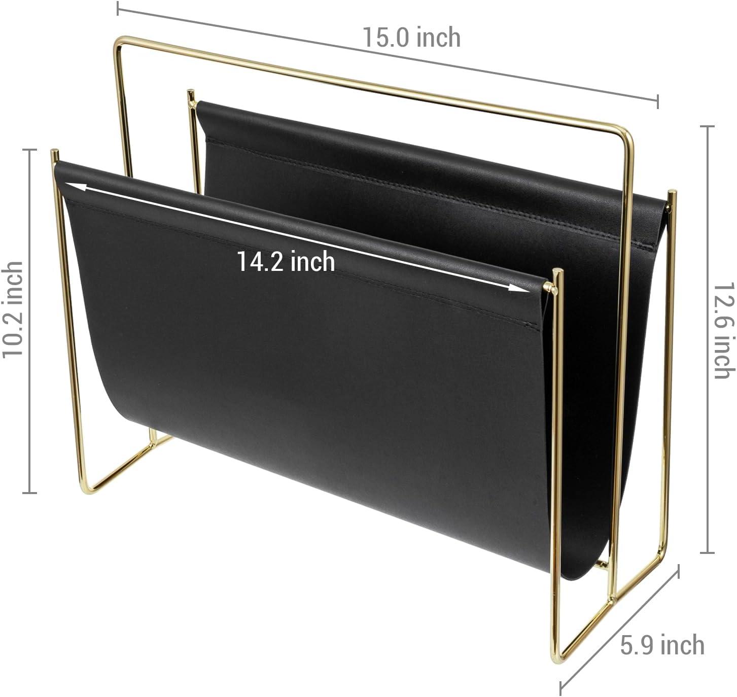 imageMyGift 15Inch Modern Brown Leatherette ampamp Brass Plated Metal Magazine Holder Floor Standing Faux Leather Sling Style Newspaper Rack for Home Bathroom Office DecorBlack