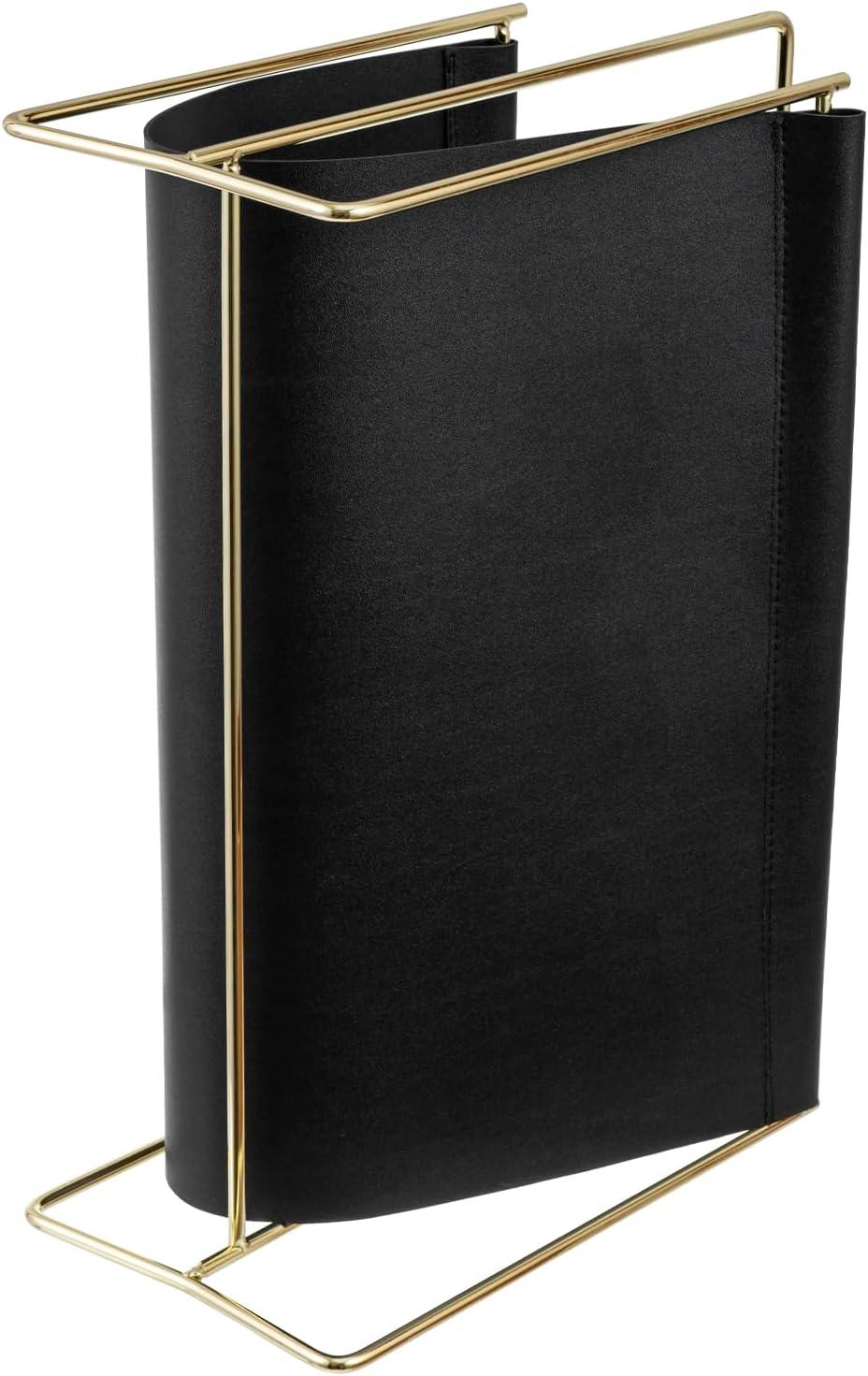 imageMyGift 15Inch Modern Brown Leatherette ampamp Brass Plated Metal Magazine Holder Floor Standing Faux Leather Sling Style Newspaper Rack for Home Bathroom Office DecorBlack