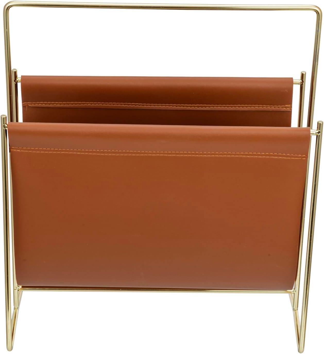 imageMyGift 15Inch Modern Brown Leatherette ampamp Brass Plated Metal Magazine Holder Floor Standing Faux Leather Sling Style Newspaper Rack for Home Bathroom Office DecorBrown