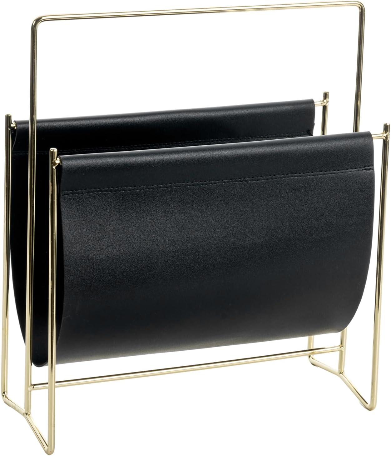 imageMyGift 15Inch Modern Brown Leatherette ampamp Brass Plated Metal Magazine Holder Floor Standing Faux Leather Sling Style Newspaper Rack for Home Bathroom Office DecorBlack
