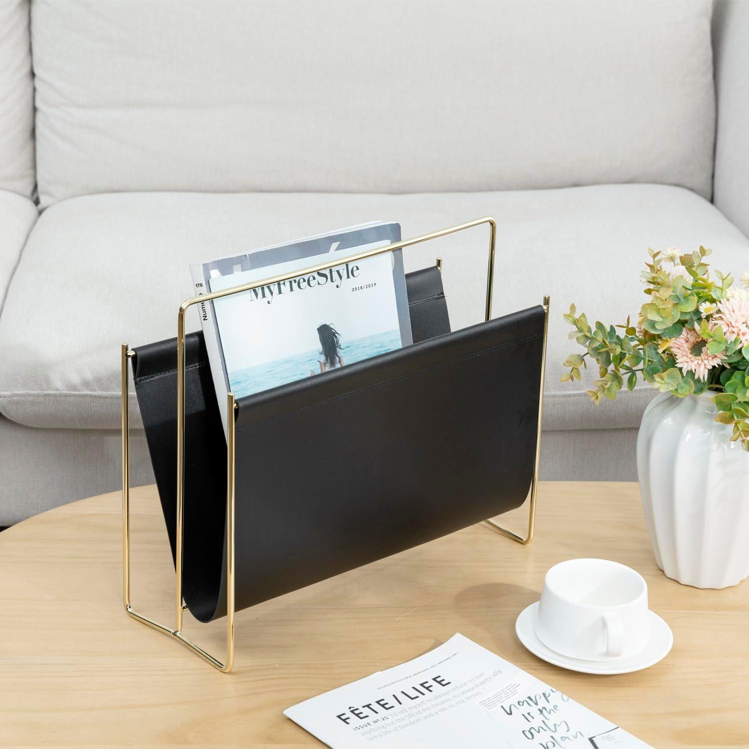 imageMyGift 15Inch Modern Brown Leatherette ampamp Brass Plated Metal Magazine Holder Floor Standing Faux Leather Sling Style Newspaper Rack for Home Bathroom Office DecorBlack