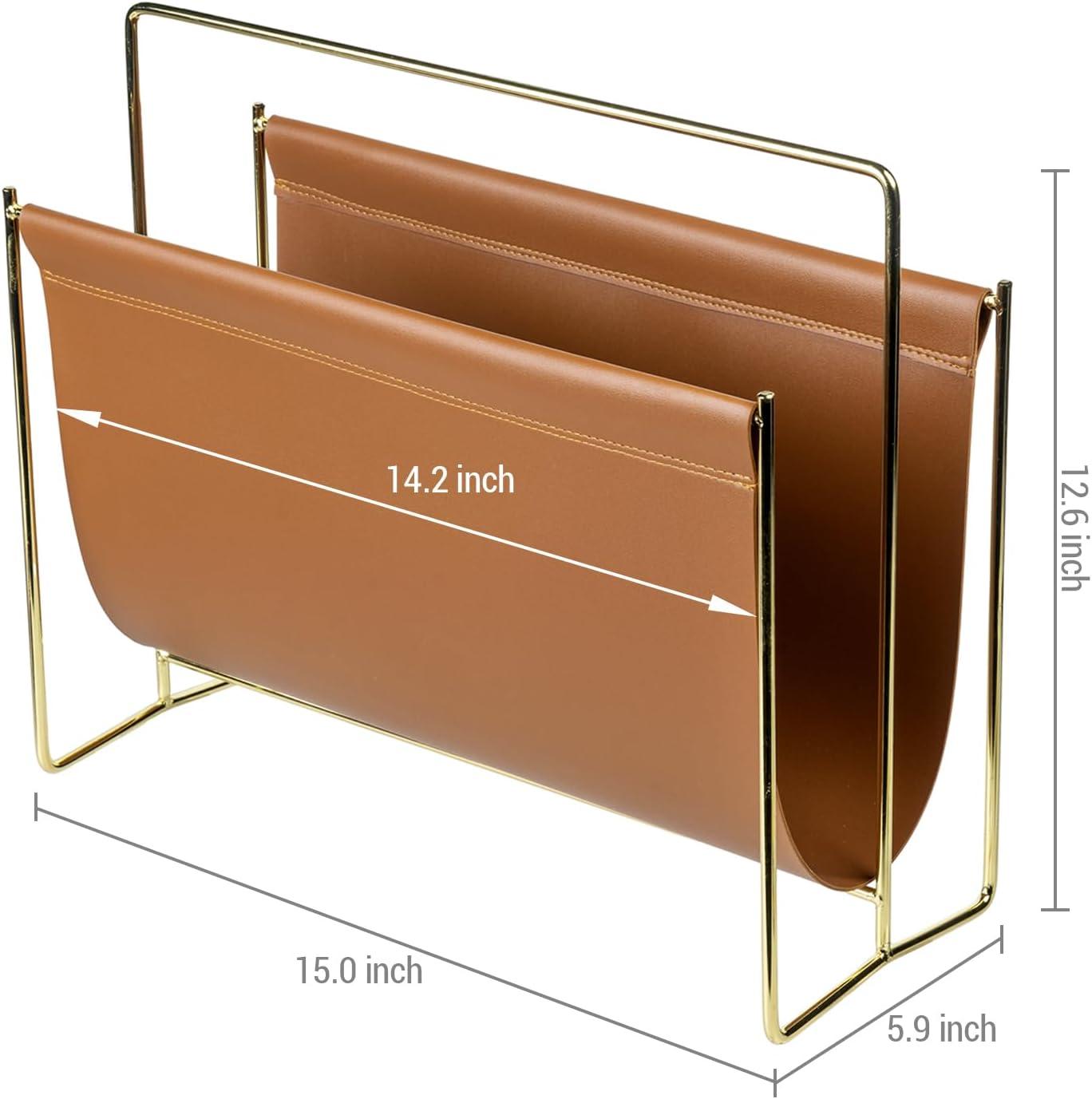 imageMyGift 15Inch Modern Brown Leatherette ampamp Brass Plated Metal Magazine Holder Floor Standing Faux Leather Sling Style Newspaper Rack for Home Bathroom Office DecorBrown