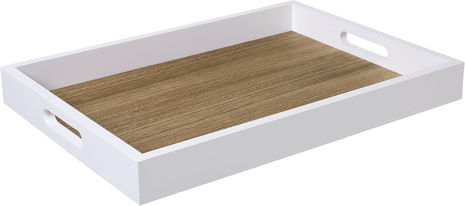 imageMyGift 165 Inch Large Decorative Serving Tray White and Natural Wood Portable Board with Cutout Handles for Breakfast in Bed Coffee Table Ottoman Decor