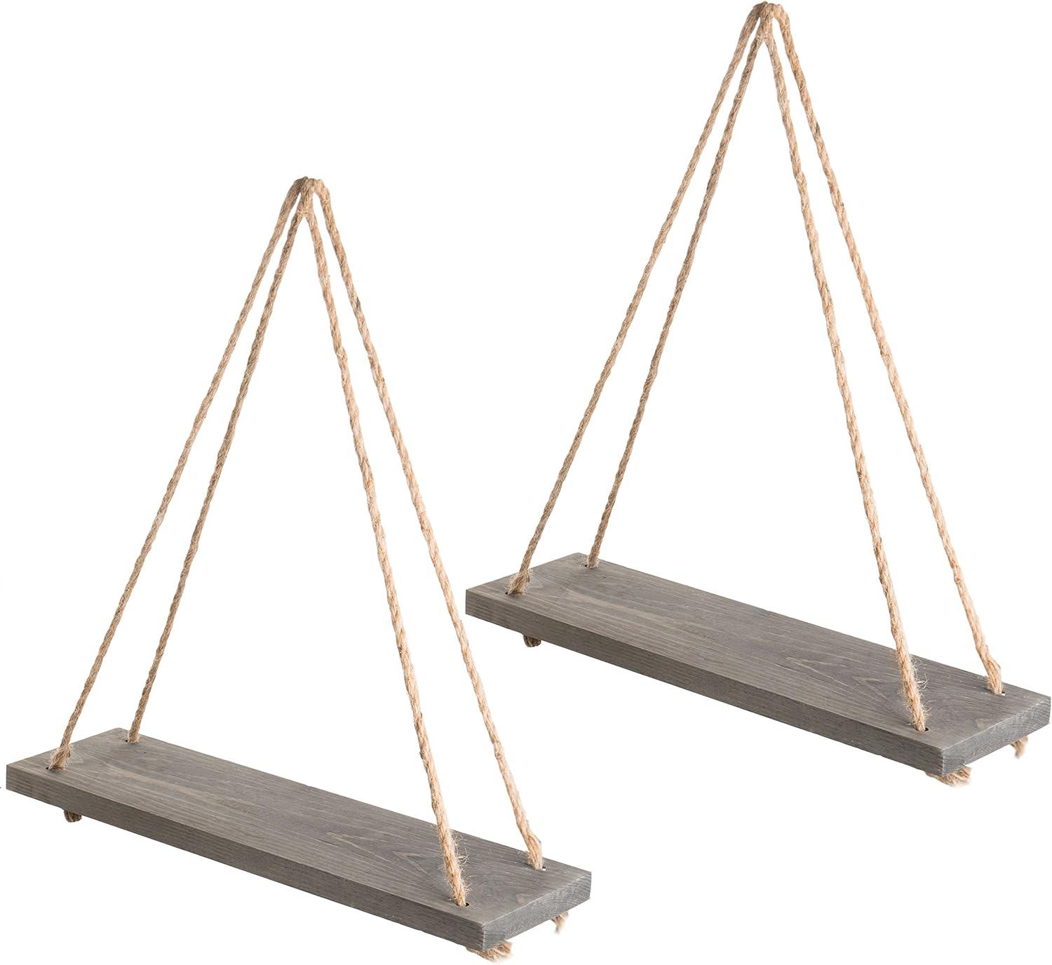 imageMyGift 17Inch Rustic Gray Wood RopeHanging Floating Shelves Set of 2