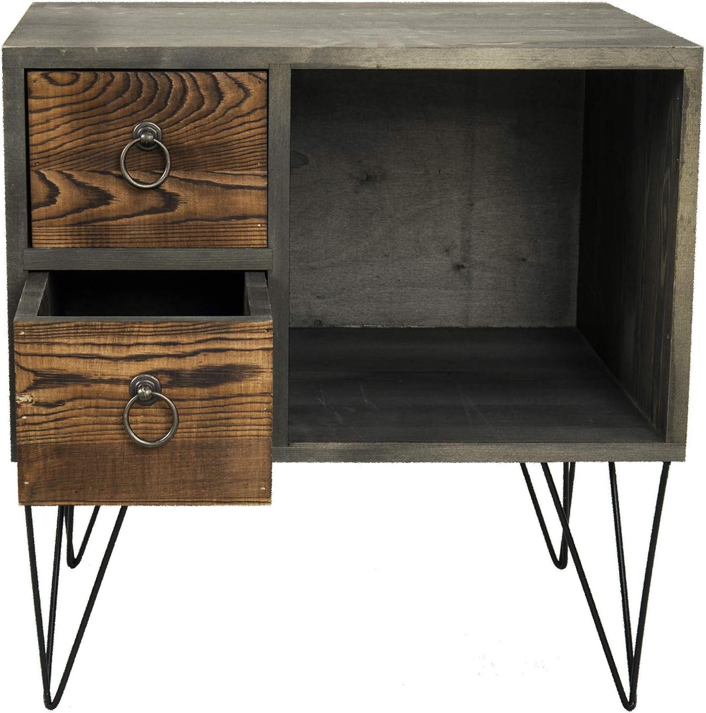 imageMyGift 19 Inch Short End Table Vintage Weathered Gray Solid Wood Bedroom Nightstand with Black Metal Legs 2 Drawers and Open Cabinet Side Table for Small Spaces