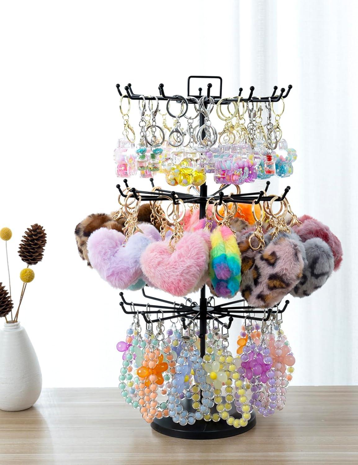 imageMyGift 2 Tier Black Metal Rotating Necklace and Bracelet Organizer Jewelry Stand with 24 Hooks Multipurpose Accessory and Keychain Spinning Display Rack with Top Handle Card HolderBlack 3 Tier