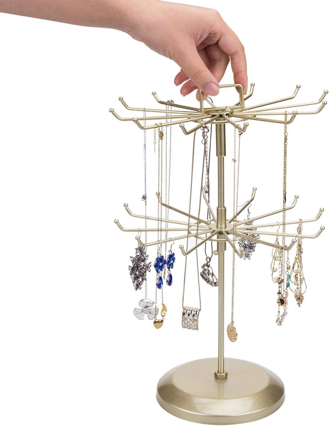 imageMyGift 2 Tier Black Metal Rotating Necklace and Bracelet Organizer Jewelry Stand with 24 Hooks Multipurpose Accessory and Keychain Spinning Display Rack with Top Handle Card HolderBrass
