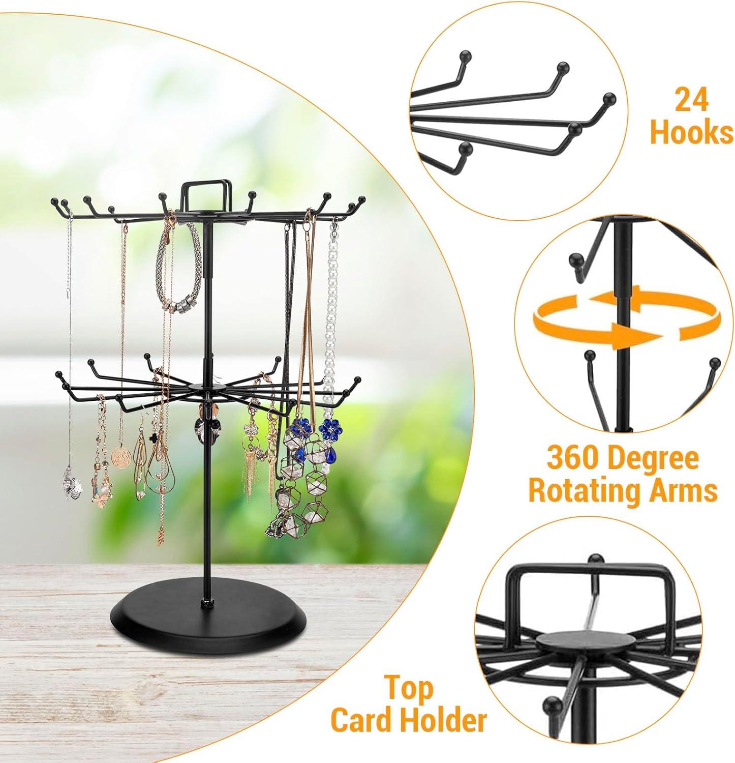 imageMyGift 2 Tier Black Metal Rotating Necklace and Bracelet Organizer Jewelry Stand with 24 Hooks Multipurpose Accessory and Keychain Spinning Display Rack with Top Handle Card HolderBlack
