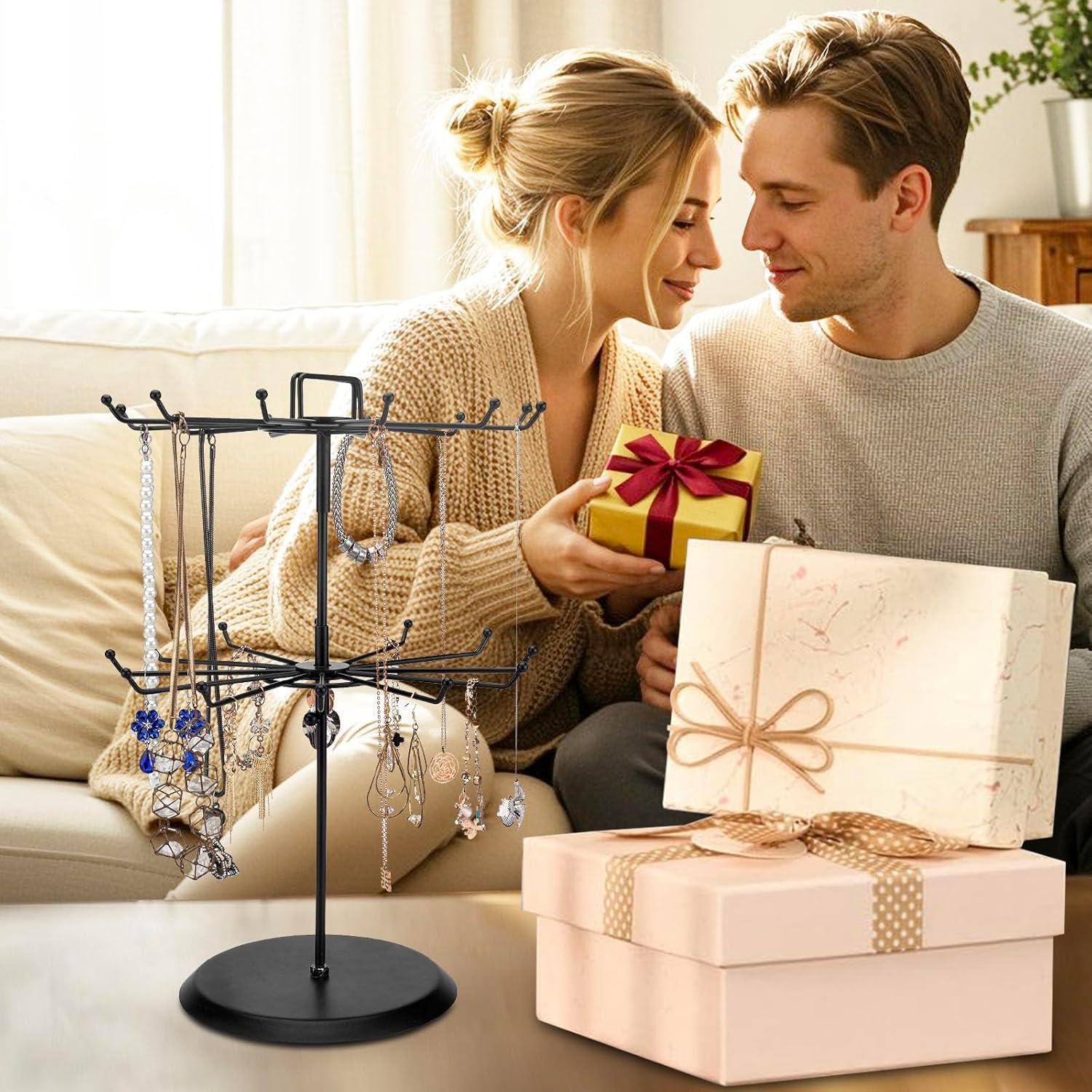 imageMyGift 2 Tier Black Metal Rotating Necklace and Bracelet Organizer Jewelry Stand with 24 Hooks Multipurpose Accessory and Keychain Spinning Display Rack with Top Handle Card HolderBlack